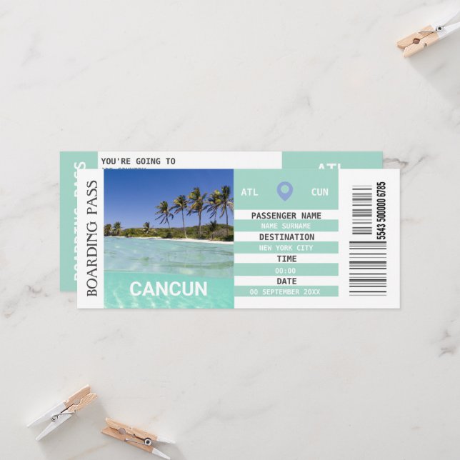  Cancún Mexico airplane boarding pass weekend Invitation (Front/Back In Situ)