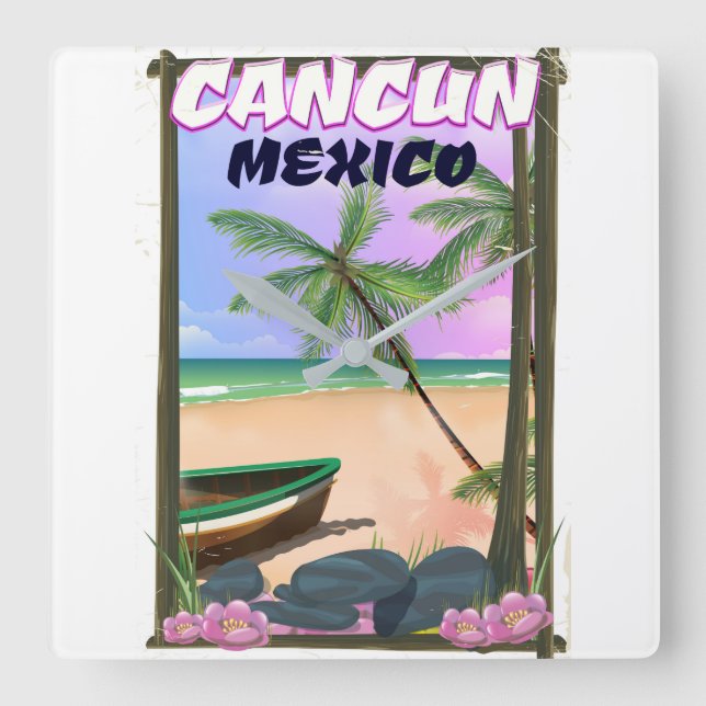 Cancun Mexico beach poster. Square Wall Clock (Front)