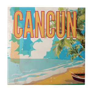Cancun Mexico Beach Vintage travel poster print Tile