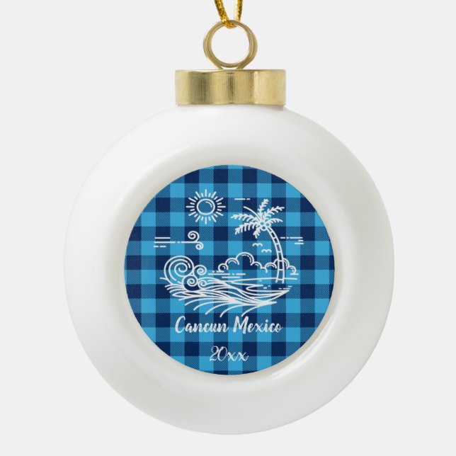 Cancun Mexico Blue Buffalo Check Christmas Ceramic Ball Christmas Ornament (Front)