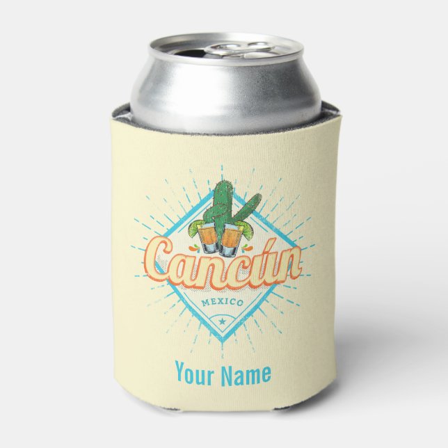 Cancun Mexico Dancing Cactus Vintage Tequila Can Cooler (Can Front)