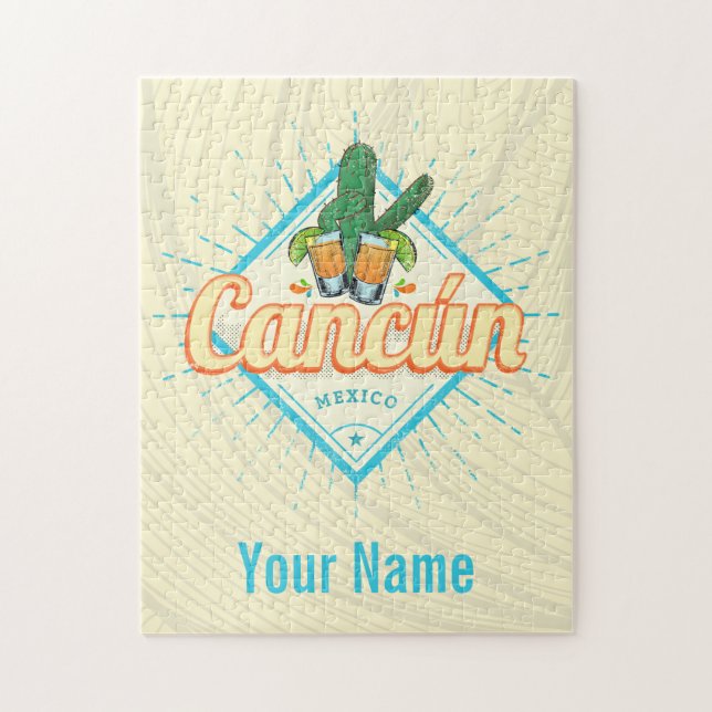 Cancun Mexico Dancing Cactus Vintage Tequila Jigsaw Puzzle (Vertical)
