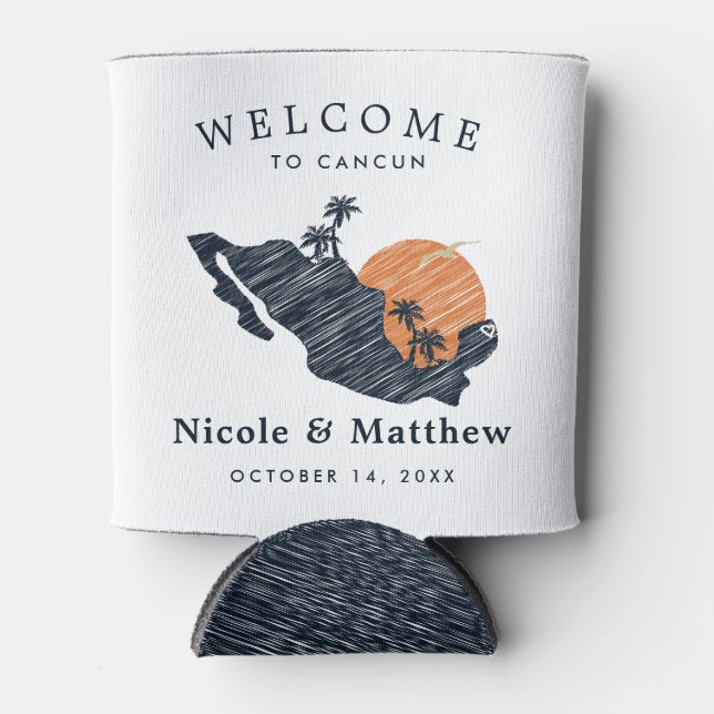 Cancun Mexico Map Navy Minimalist Wedding Welcome Can Cooler (Front)