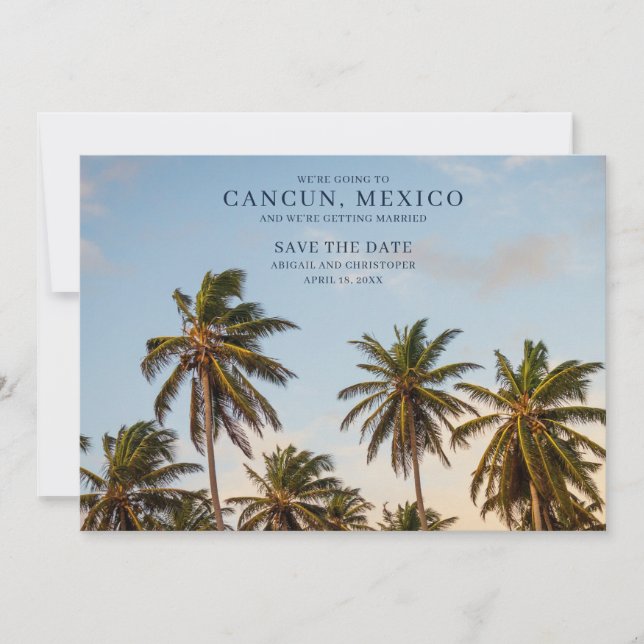 Cancun Mexico Palm Tree Beach Save the Dates Announcement (Front)