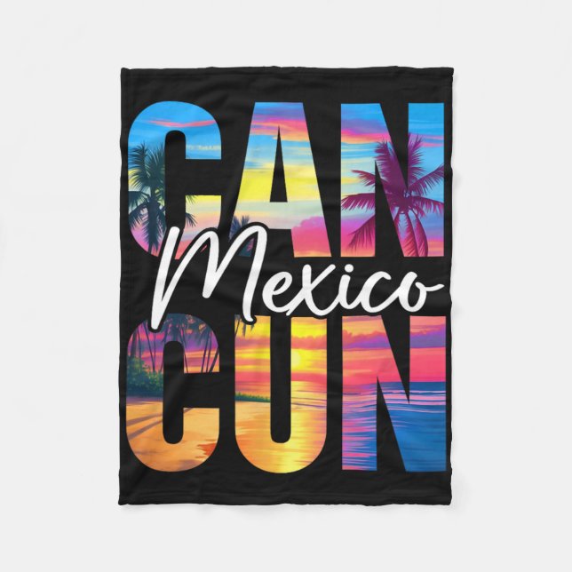 Cancun Mexico Palm Tree Sunset Beach Summer Vacati Fleece Blanket (Front)