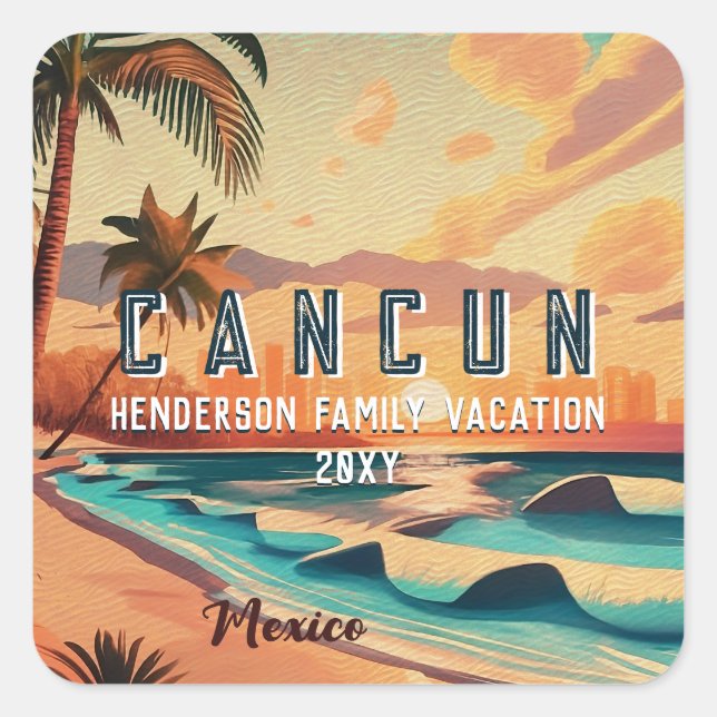 Cancún Mexico Palm Tree Sunset Travel Souvenir Square Sticker (Front)