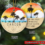 Cancún Mexico Retro Sunset Palm tree Souvenirs 60s Ceramic Ornament<br><div class="desc">Cancun retro beach design for vacation. Cancun Mexico Cities Vintage souvenir for travel to Mexico Beach Towns. Cancun beach artwork for Mexico vacationers and backpackers. Cancun retro souvenir. Design for backpackers and travel to Mexico . Beach with Vintage souvenir for seaside vacationers. - You can personalize the template by adding...</div>