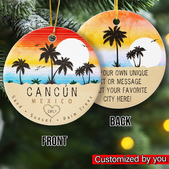 Cancún Mexico Retro Sunset Palm tree Souvenirs 60s Ceramic Ornament (Creator Uploaded)