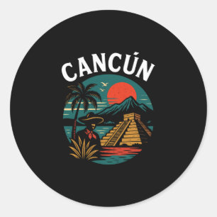 Cancún Mexico Retro Vacation Sunset Pyramid Trip R Classic Round Sticker