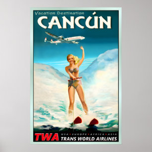 CANCUN Mexico TWA Trans World Airlines Poster