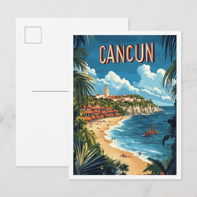 Cancun Mexico Vintage Illustration Travel Postcard (Front/Back)