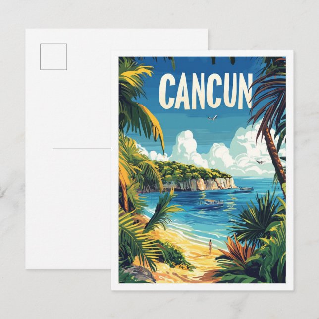 Cancun Mexico Vintage Illustration Travel Postcard (Front/Back)