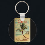 Cancun Palm Tree Vintage Travel Keychain<br><div class="desc">A uniquely retro mid-century modern Cancun Mexico art print in vintage travel poster style. It features a curved palm tree on sandy beach with ocean under a blue cloudy sky.</div>