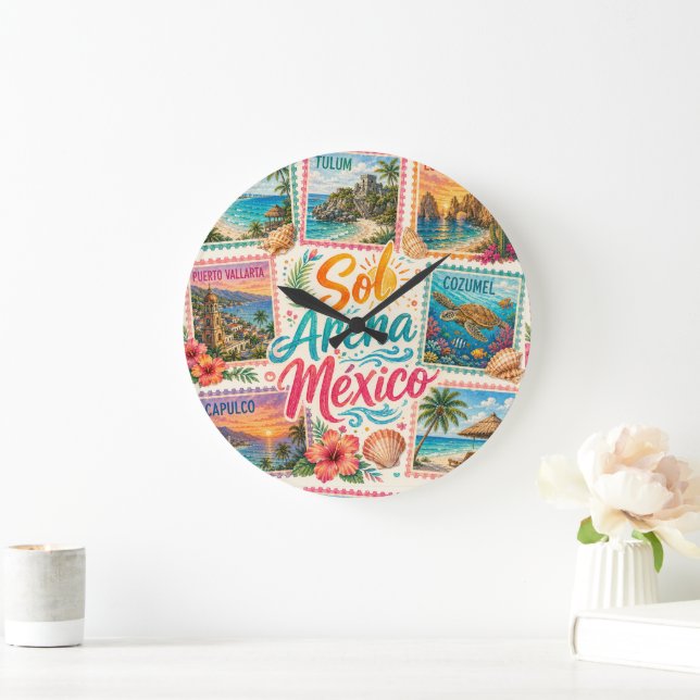 Cancun Sun Sand Mexico Beautiful Beaches Tropical  Large Clock (Home)