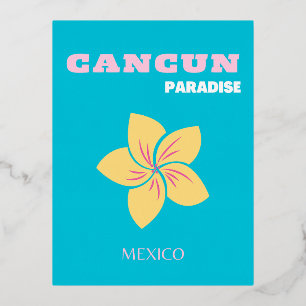 Cancun Travel Art, Mexico Travel Art, Preppy, Blue Foil Holiday Postcard