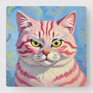 “Candice” A Cherry Striped Mystique – Cat Portrait Square Wall Clock
