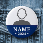 Candidate name political election campaign photo 2 inch round button<br><div class="desc">Badge button with your custom candidate name and year. White text flanked by stars on a blue background with a red stripe above. Fill in the name of your favourite political candidate and customize the photo.</div>