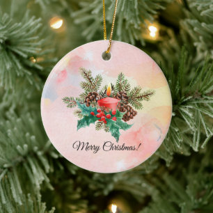 Candle and mistletoe watercolor art ceramic ornament