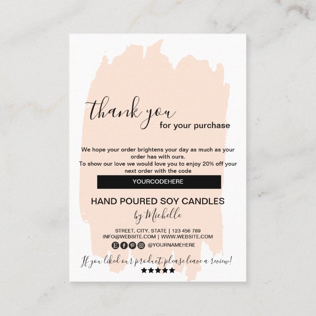 Candle Care Card Thank You Card Add Your Logo Code (Back)
