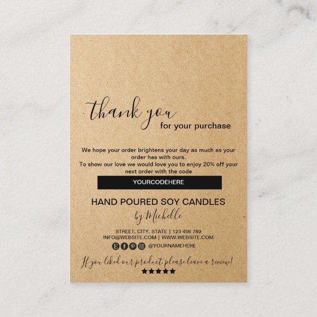 Candle Care Card Thank You Card Add Your Logo Code (Back)