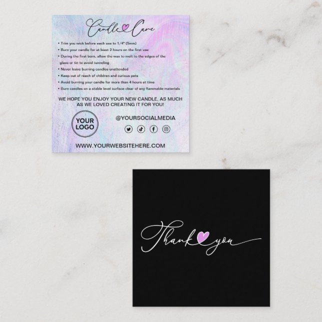 Candle Care Instructions & Customer Thank You Squa Square Business Card (Front/Back)