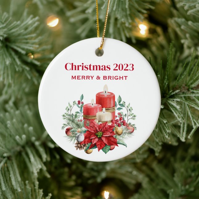 Candle Centerpiece with Poinsettia Flower Ceramic Ornament (Tree)