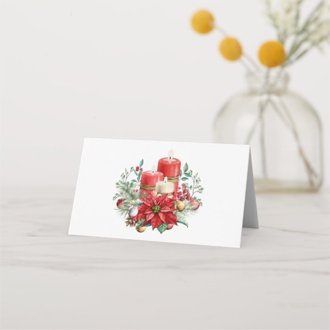 Candle Centerpiece with Poinsettia Flower Place Card (Front)