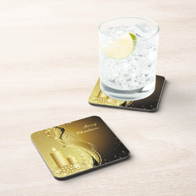 Candle Christmas Holly on Sparkling Background Coaster (Right Side)