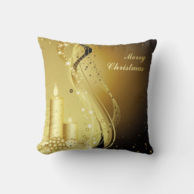 Candle Christmas Holly on Sparkling Background Throw Pillow (Front)