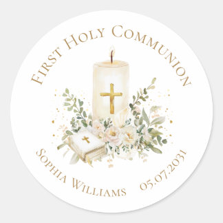 Candle Cross Bible Roses First Holy Communion Classic Round Sticker