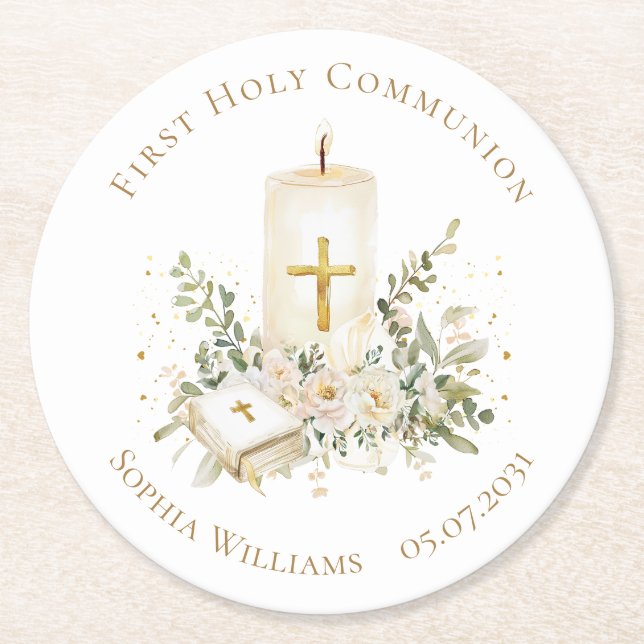 Candle Cross Bible Roses First Holy Communion Round Paper Coaster (Front)
