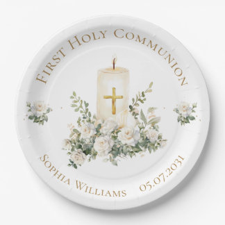 Candle Cross Flowers First Holy Communion Paper Plate
