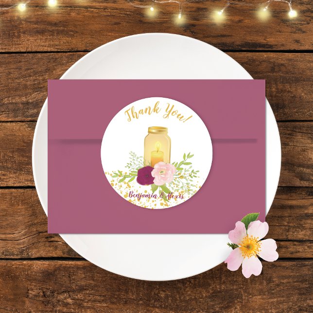 Candle in Mason Jar Gold Sparkle Wedding Classic Round Sticker (Creator Uploaded)