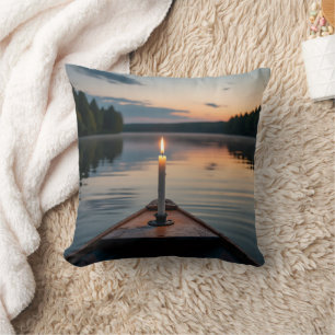 Candle Light on Boat at Sunset Lake Throw Pillow