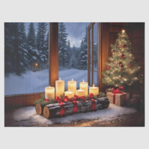 Candle Lit Yule Log Table Centerpiece Decoupage Cr Tissue Paper