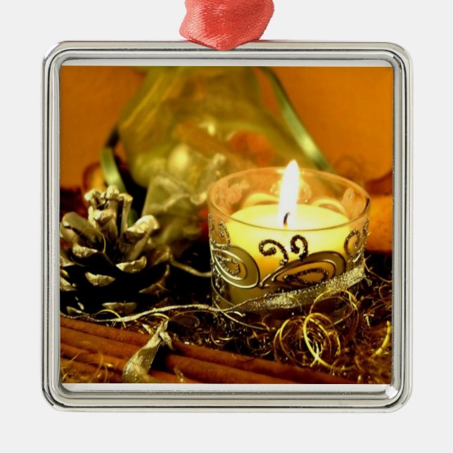 Candle & Pinecone Metal Ornament (Front)