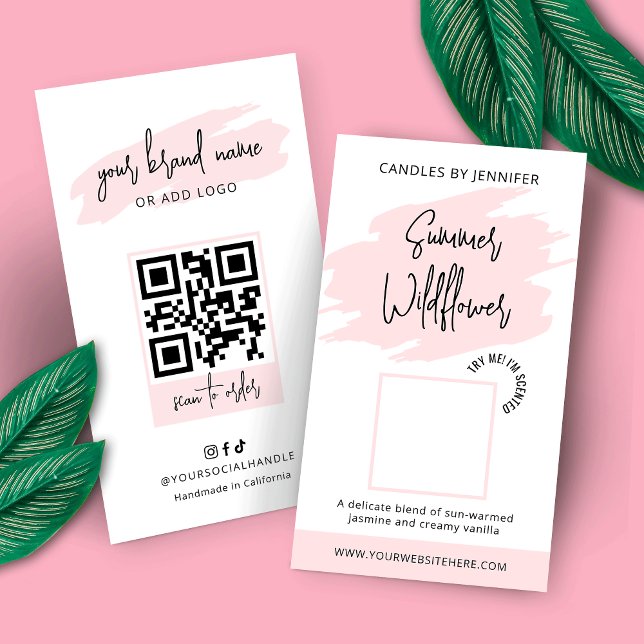 Candle Sample Scent Tester Card Fragrance Feminine (Trendy blush pink watercolor candle fragrance tester cards with fully editable text & colors)