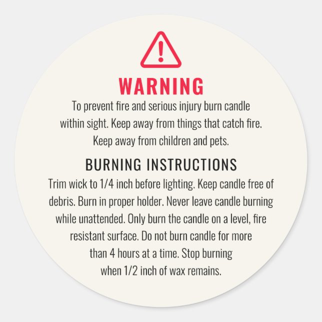 Candle Warning and Burning Instructions Label (Front)