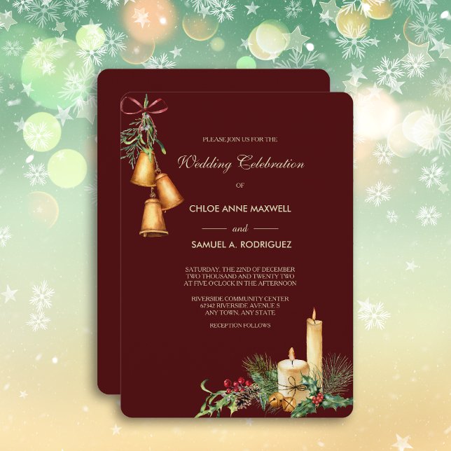 Candlelight and Bells Maroon Wedding Invitation (Creator Uploaded)