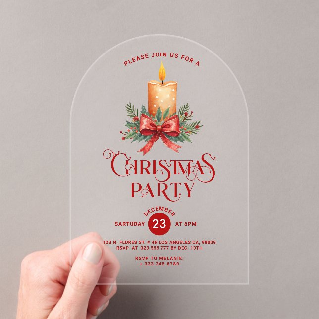 Candlelight with Red Bow Christmas Party Invite  Acrylic Invitations (Insitu (Handheld))