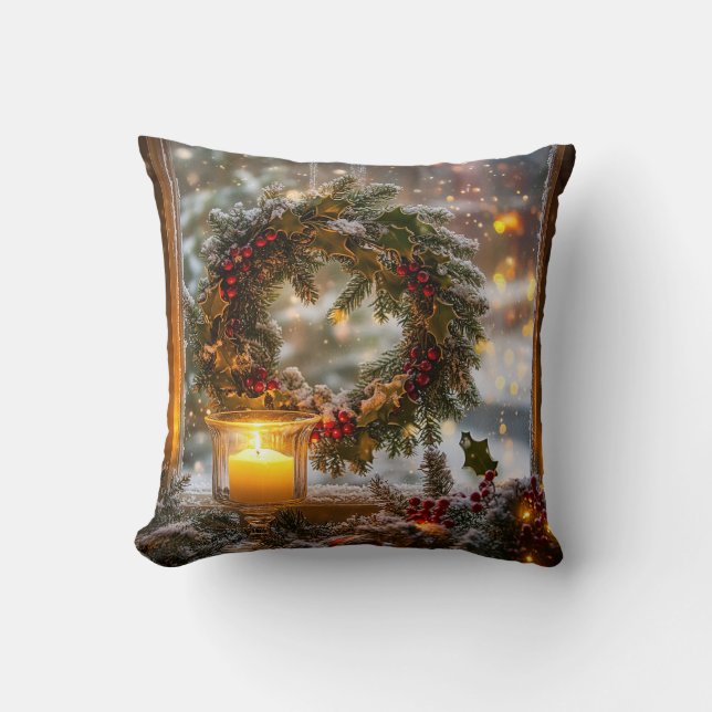 Candlelight Wreath Throw Pillow (Front)