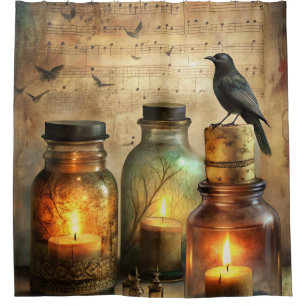 Candlelit Crow with Antique Bottles & Sheet Music