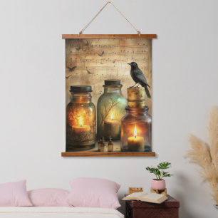 Candlelit Crow with Antique Bottles & Sheet Music Hanging Tapestry