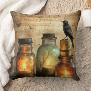 Candlelit Crow with Antique Bottles & Sheet Music Throw Pillow