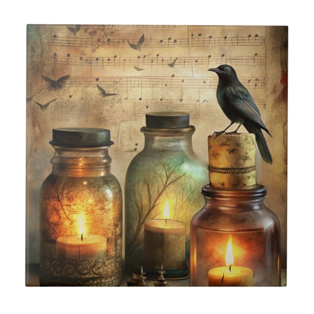 Candlelit Crow with Antique Bottles & Sheet Music Tile (Front)