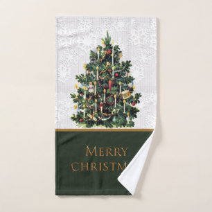 Candlelit Vintage Christmas Tree with Snowflakes Hand Towel