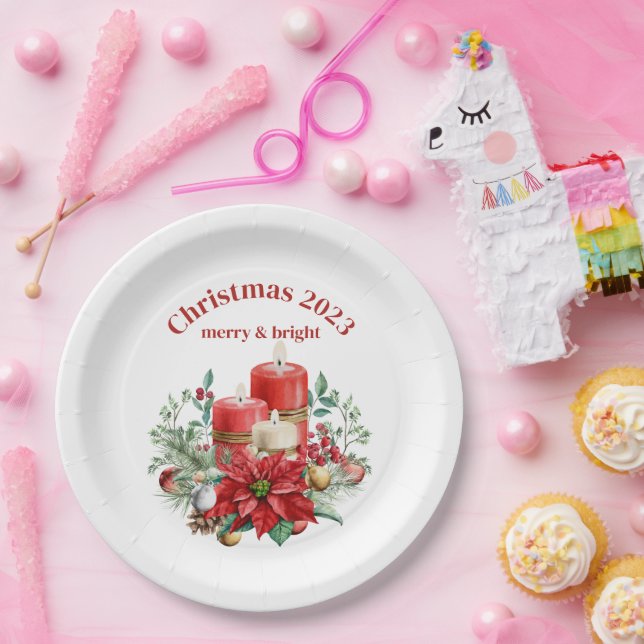 Candles and Poinsettia Bouquet Christmas Paper Plate (Party)