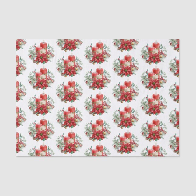 Candles and Poinsettia Bouquet Christmas Pattern Tissue Paper (Front)