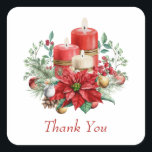 Candles and Poinsettia Bouquet Christmas Thank You Square Sticker<br><div class="desc">Stickers with a pretty bouquet made with watercolors. Red candles with gold accents and a smaller white candle too. Surrounded by a pine bouquet with a poinsettia flower.</div>