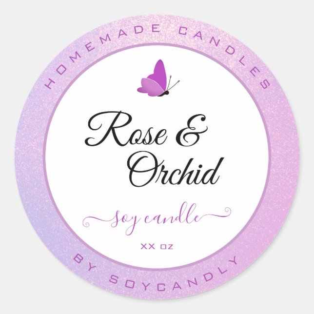 Candles Packaging Pink Ombre Glitter Butterfly Classic Round Sticker (Front)